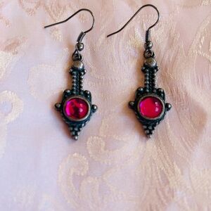 Vintage Ornate Pink Jelly Glass Cabochon Hook Pierced Earrings